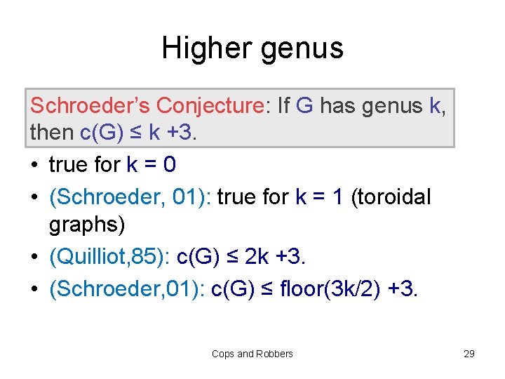 Higher genus Schroeder’s Conjecture: If G has genus k, then c(G) ≤ k +3.