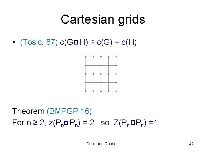Cartesian grids • (Tosic, 87) c(G H) ≤ c(G) + c(H) Theorem (BMPGP, 16)