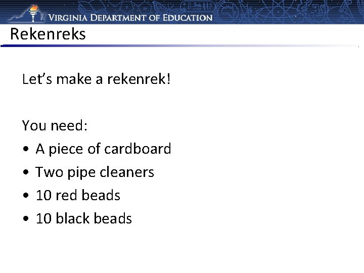 Rekenreks Let’s make a rekenrek! You need: • A piece of cardboard • Two