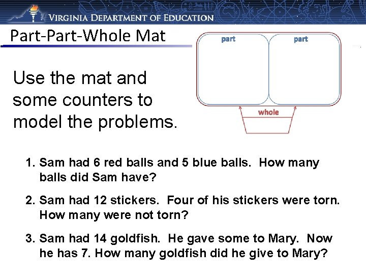 Part-Whole Mat Use the mat and some counters to model the problems. 1. Sam