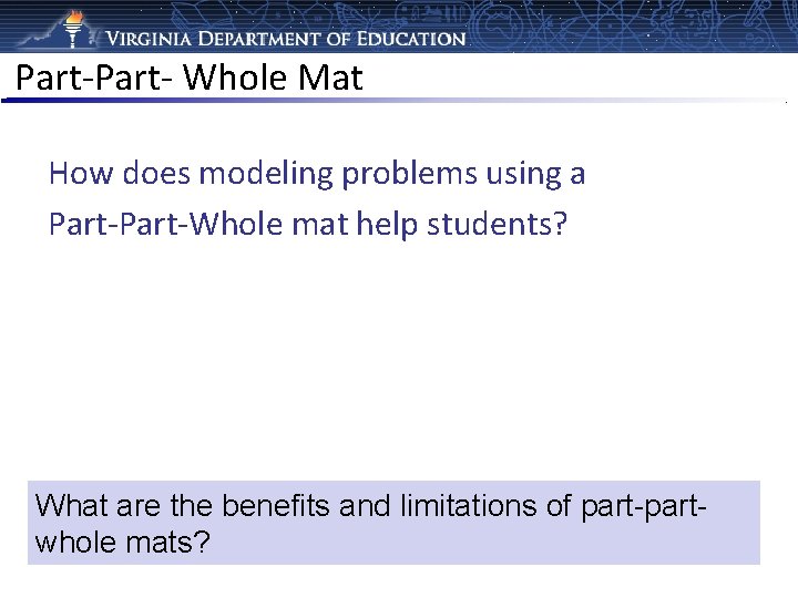 Part- Whole Mat How does modeling problems using a Part-Whole mat help students? What