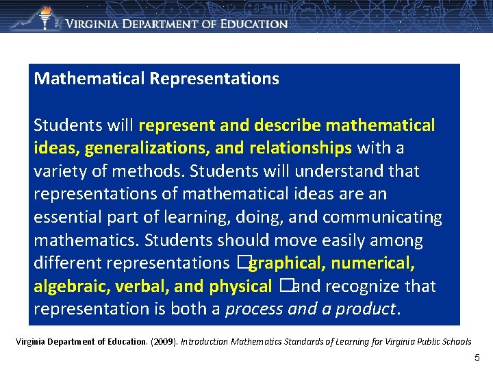 Mathematical Representations Students will represent and describe mathematical ideas, generalizations, and relationships with a