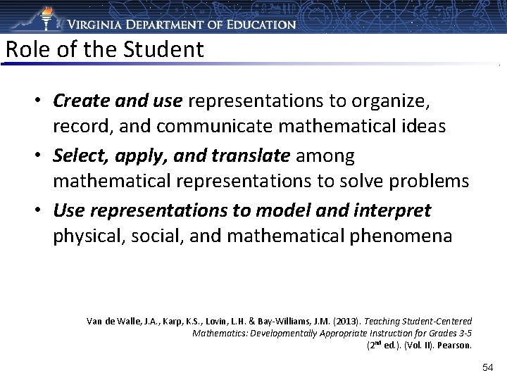 Role of the Student • Create and use representations to organize, record, and communicate