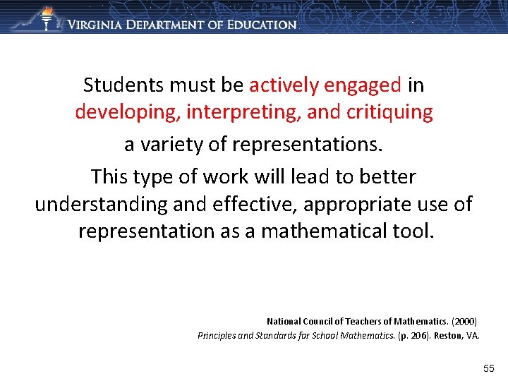 Students must be actively engaged in developing, interpreting, and critiquing a variety of representations.