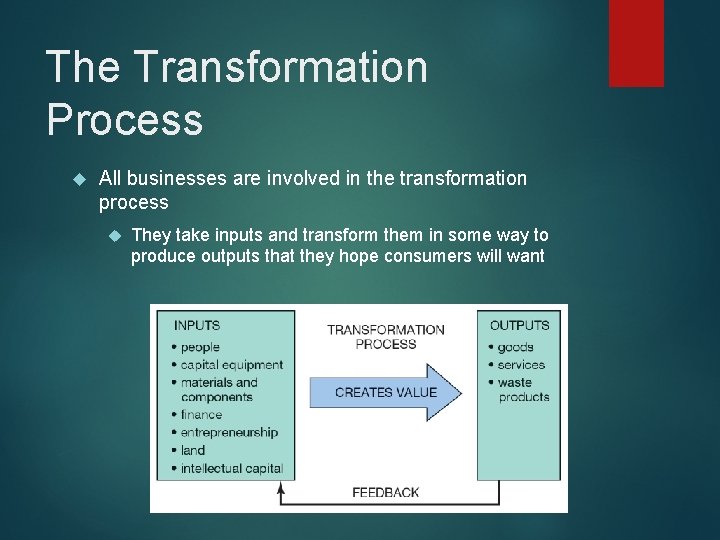 The Transformation Process All businesses are involved in the transformation process They take inputs