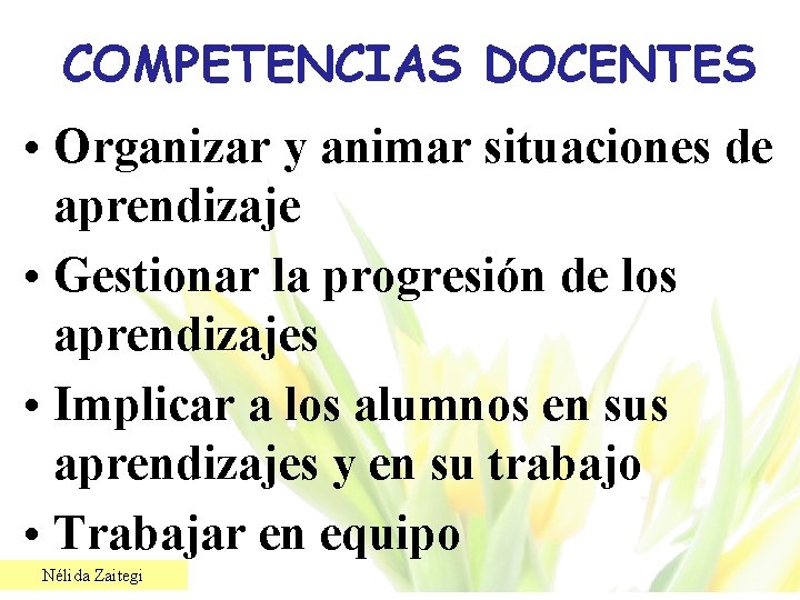 COMPETENCIAS DOCENTES • Organizar y animar situaciones de aprendizaje • Gestionar la progresión de