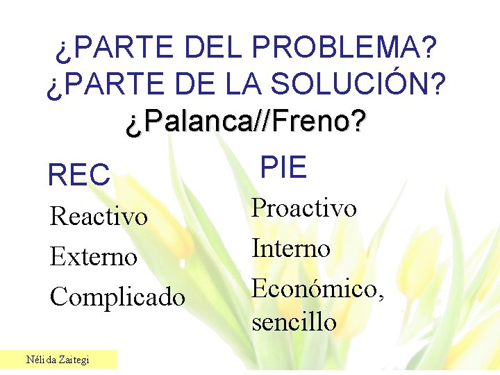 ¿PARTE DEL PROBLEMA? ¿PARTE DE LA SOLUCIÓN? ¿Palanca//Freno? PIE REC Reactivo Externo Complicado Nélida