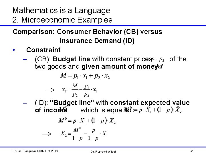Mathematics is a Language 2. Microeconomic Examples Comparison: Consumer Behavior (CB) versus Insurance Demand