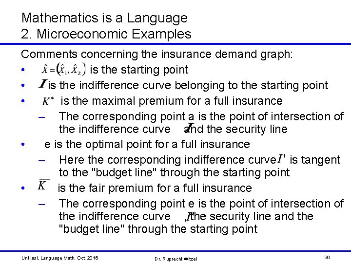 Mathematics is a Language 2. Microeconomic Examples Comments concerning the insurance demand graph: •
