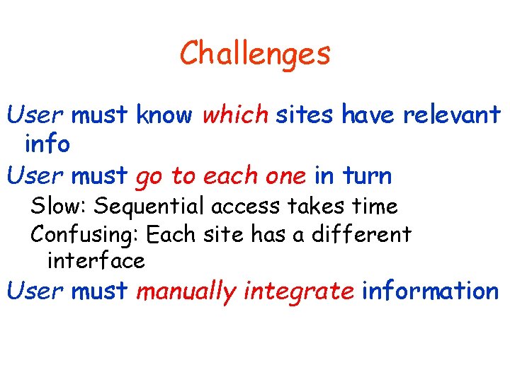 Challenges User must know which sites have relevant info User must go to each