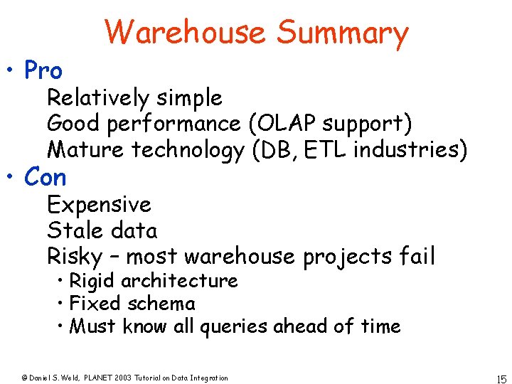  • Pro Warehouse Summary Relatively simple Good performance (OLAP support) Mature technology (DB,