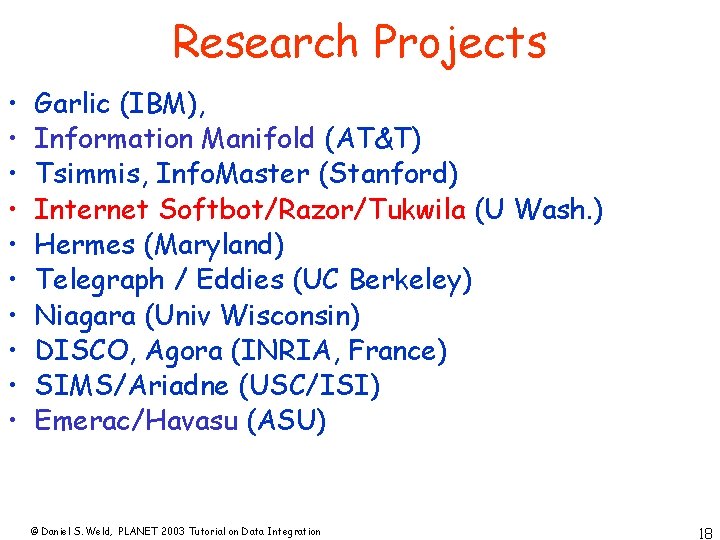Research Projects • • • Garlic (IBM), Information Manifold (AT&T) Tsimmis, Info. Master (Stanford)