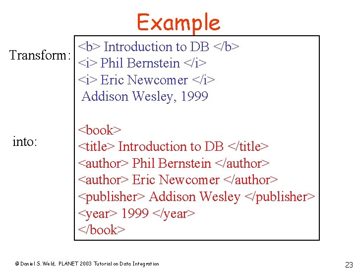 Example <b> Introduction to DB </b> Transform: <i> Phil Bernstein </i> <i> Eric Newcomer