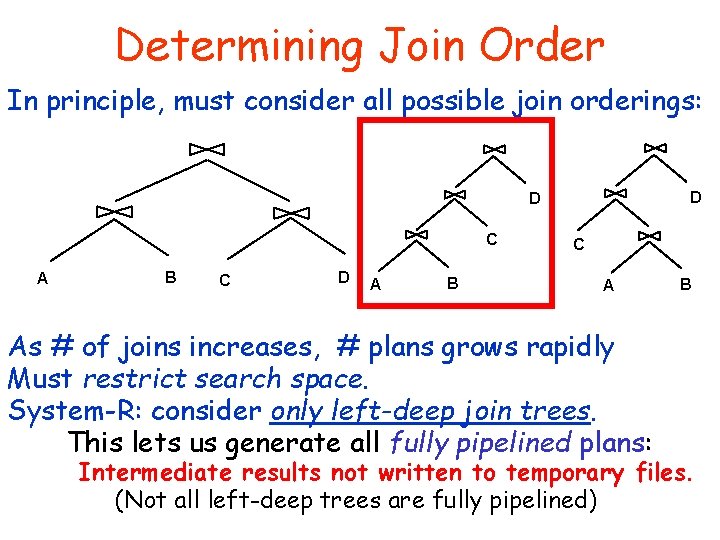 Determining Join Order In principle, must consider all possible join orderings: D D C