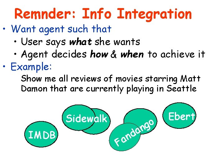 Remnder: Info Integration • Want agent such that • User says what she wants