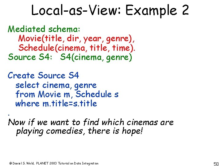 Local-as-View: Example 2 Mediated schema: Movie(title, dir, year, genre), Schedule(cinema, title, time). Source S