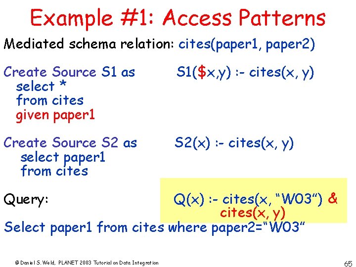 Example #1: Access Patterns Mediated schema relation: cites(paper 1, paper 2) Create Source S