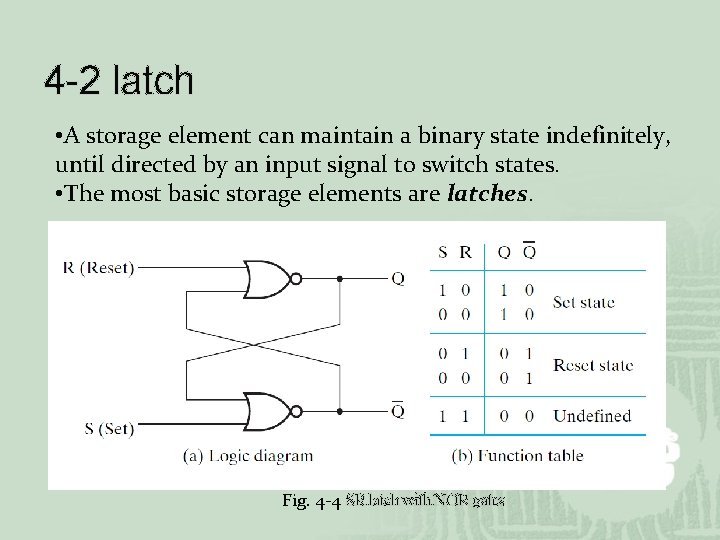 4 -2 latch • A storage element can maintain a binary state indefinitely, until