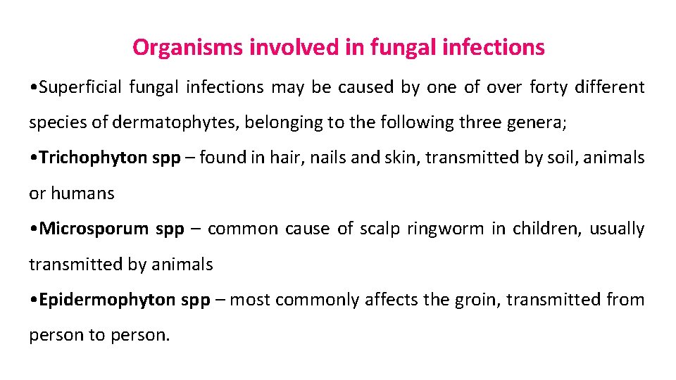 Organisms involved in fungal infections • Superficial fungal infections may be caused by one
