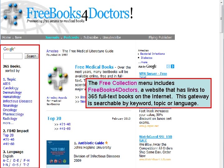 The Free Collection menu includes Free. Books 4 Doctors, a website that has links