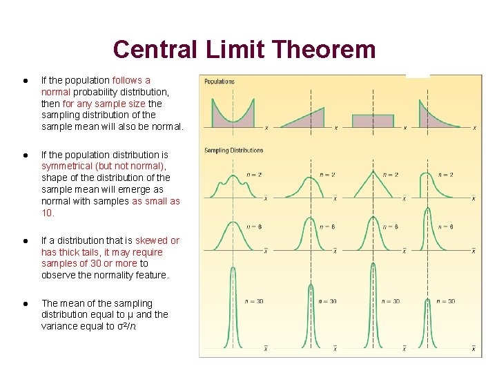 Central Limit Theorem l If the population follows a normal probability distribution, then for