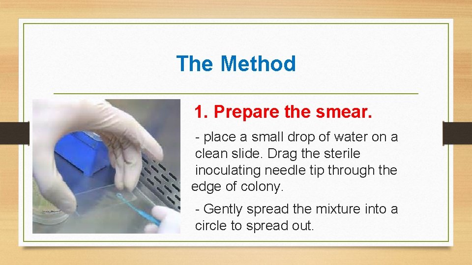The Method 1. Prepare the smear. - place a small drop of water on