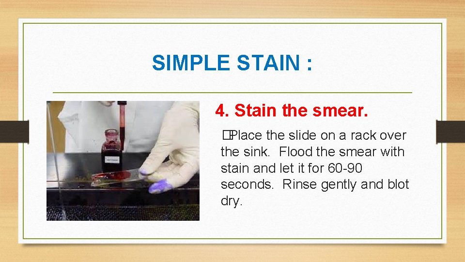 SIMPLE STAIN : 4. Stain the smear. �Place the slide on a rack over