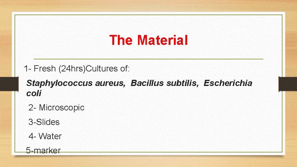 The Material 1 - Fresh (24 hrs)Cultures of: Staphylococcus aureus, Bacillus subtilis, Escherichia coli