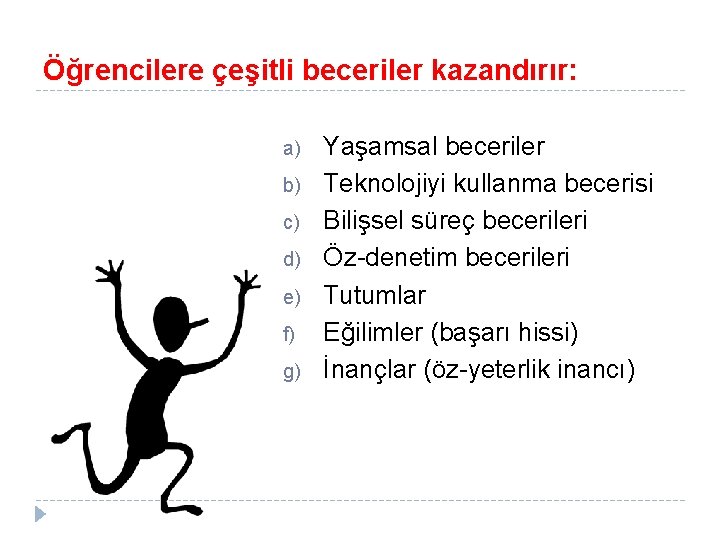 Öğrencilere çeşitli beceriler kazandırır: a) b) c) d) e) f) g) Yaşamsal beceriler Teknolojiyi