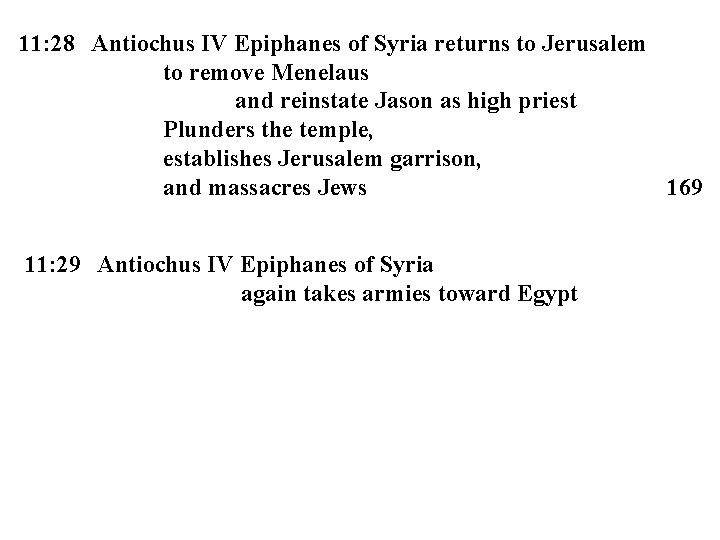 11: 28 Antiochus IV Epiphanes of Syria returns to Jerusalem to remove Menelaus and