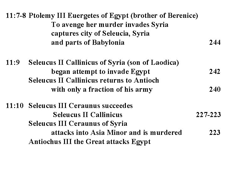 11: 7 -8 Ptolemy III Euergetes of Egypt (brother of Berenice) To avenge her