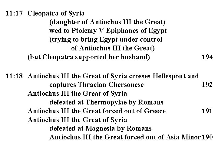 11: 17 Cleopatra of Syria (daughter of Antiochus III the Great) wed to Ptolemy
