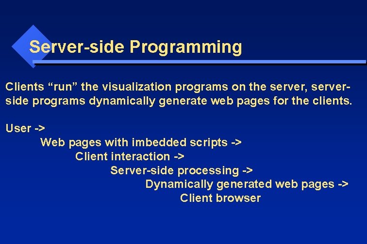 Server-side Programming Clients “run” the visualization programs on the server, serverside programs dynamically generate