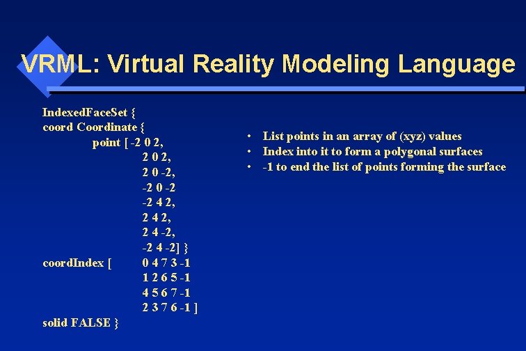VRML: Virtual Reality Modeling Language Indexed. Face. Set { coord Coordinate { point [