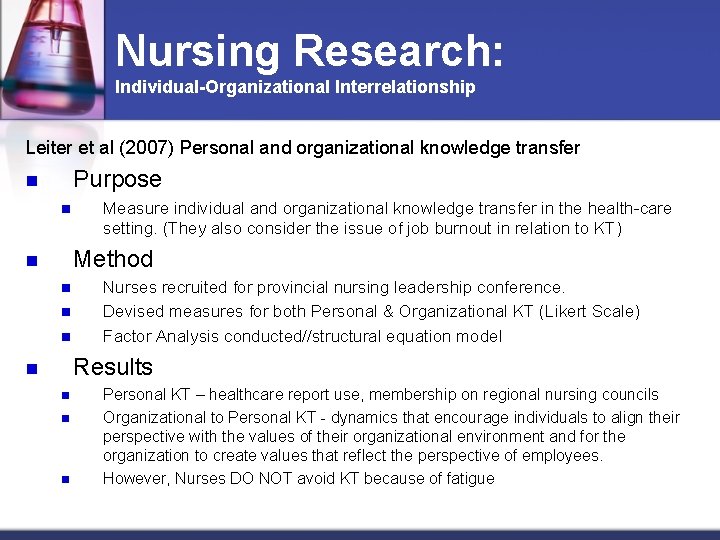 Nursing Research: Individual-Organizational Interrelationship Leiter et al (2007) Personal and organizational knowledge transfer Purpose