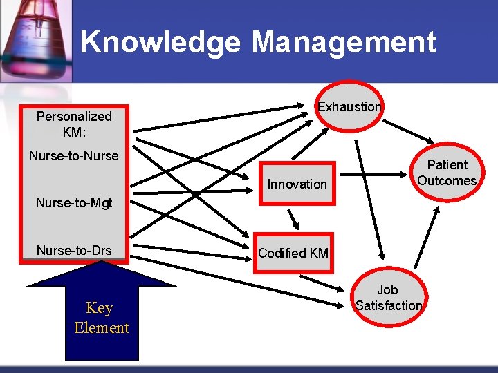Knowledge Management Personalized KM: Exhaustion Nurse-to-Nurse Innovation Patient Outcomes Nurse-to-Mgt Nurse-to-Drs Key Element Codified