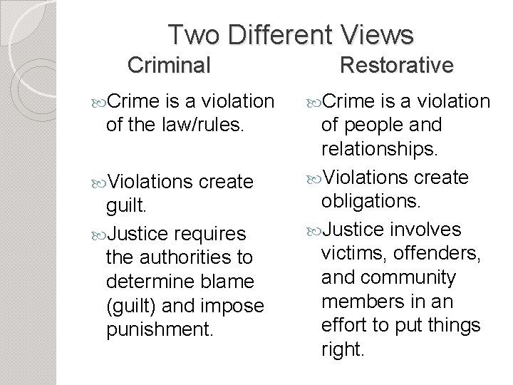 Two Different Views Criminal Crime is a violation of the law/rules. Violations create guilt.
