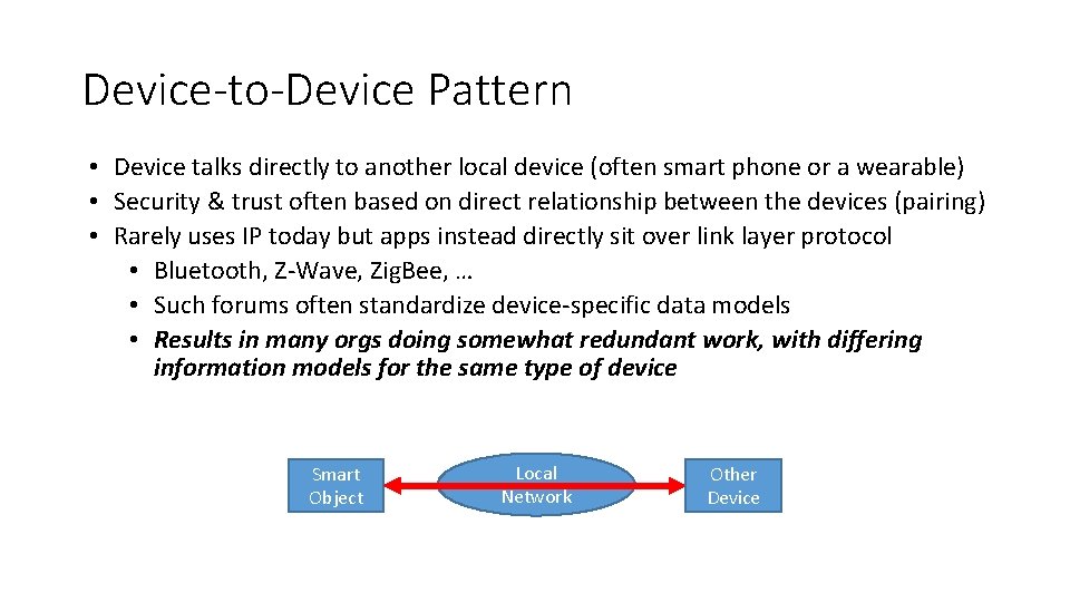 Device-to-Device Pattern • Device talks directly to another local device (often smart phone or
