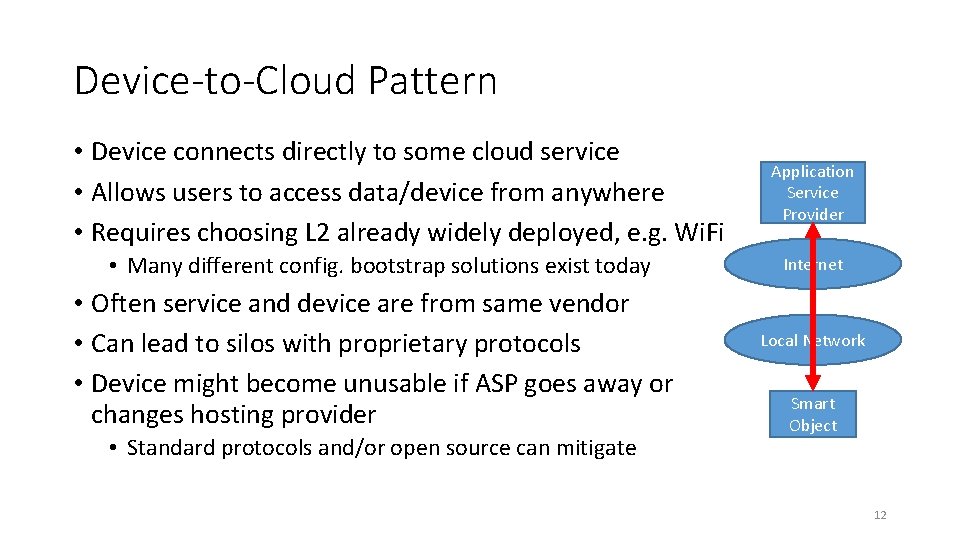 Device-to-Cloud Pattern • Device connects directly to some cloud service • Allows users to