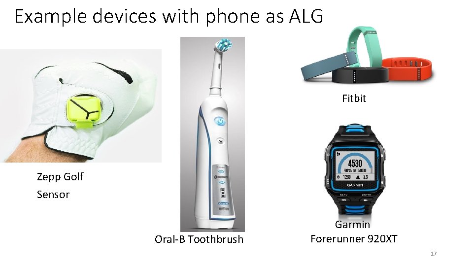 Example devices with phone as ALG Fitbit Zepp Golf Sensor Oral-B Toothbrush Garmin Forerunner