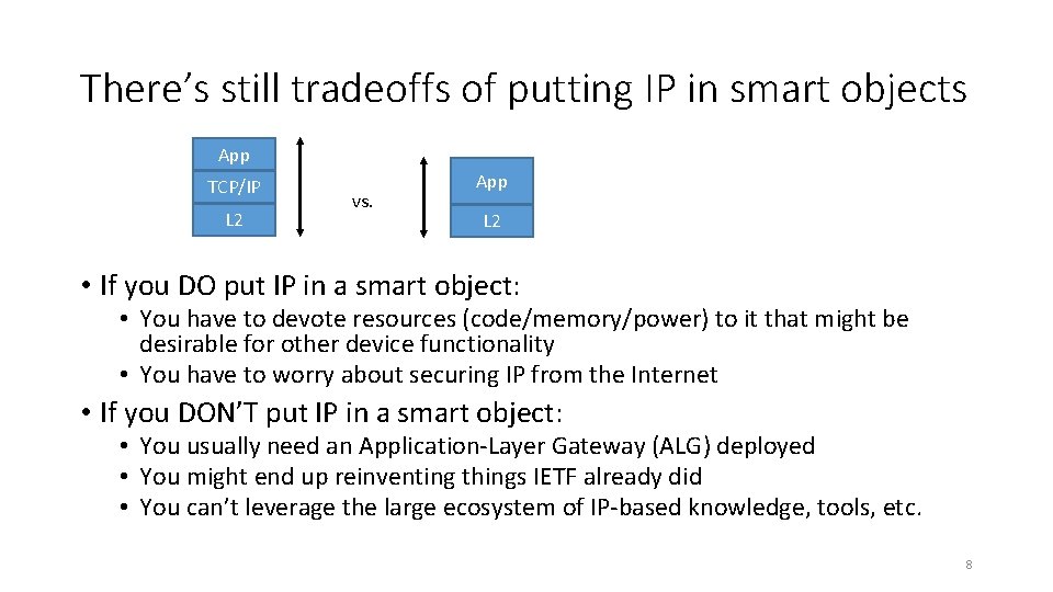There’s still tradeoffs of putting IP in smart objects App TCP/IP L 2 vs.