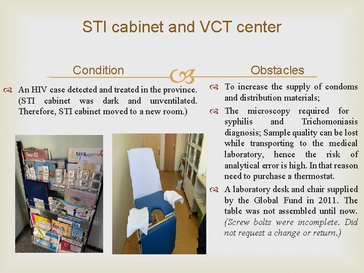 STI cabinet and VCT center Condition An HIV case detected and treated in the