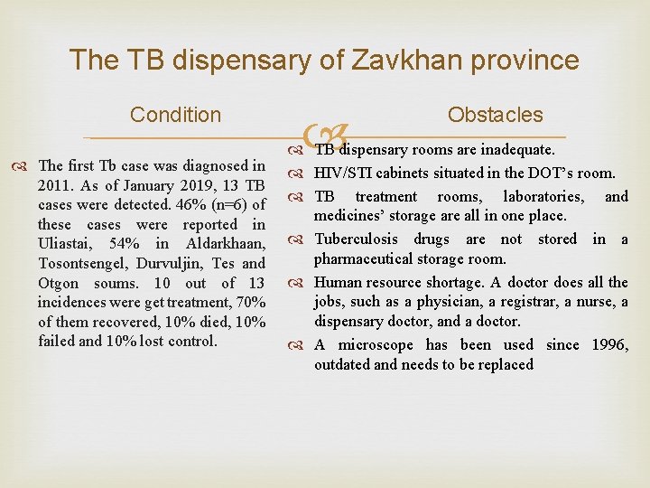 The TB dispensary of Zavkhan province Condition The first Tb case was diagnosed in