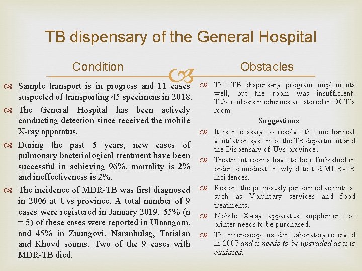 TB dispensary of the General Hospital Condition Sample transport is in progress and 11