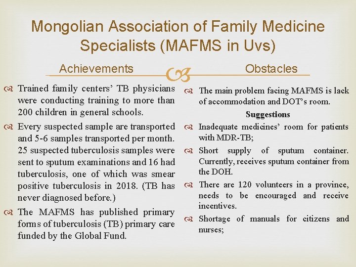 Mongolian Association of Family Medicine Specialists (MAFMS in Uvs) Achievements Trained family centers’ TB