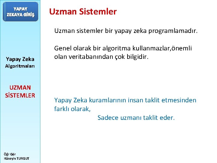 YAPAY ZEKAYA GİRİŞ Uzman Sistemler Uzman sistemler bir yapay zeka programlamadır. Yapay Zeka Genel