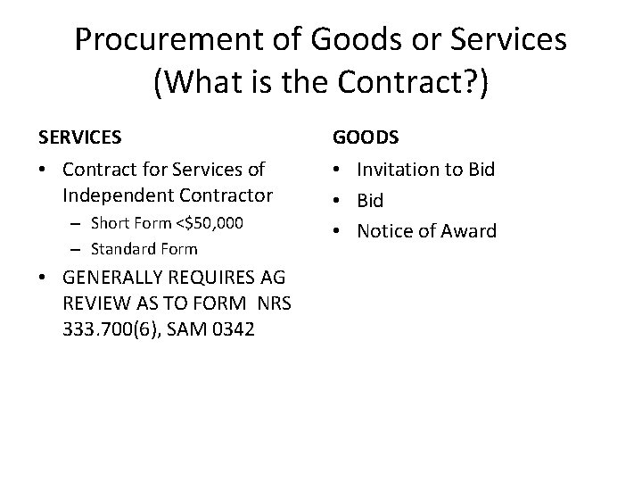 Procurement of Goods or Services (What is the Contract? ) SERVICES GOODS • Contract