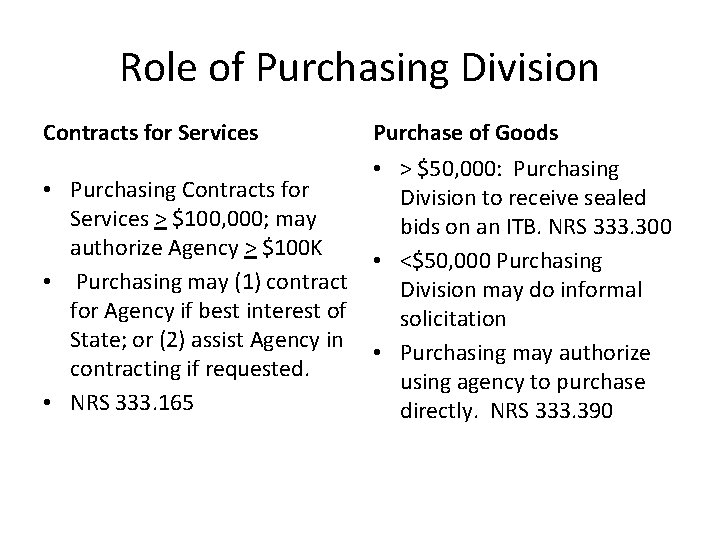 Role of Purchasing Division Contracts for Services • Purchasing Contracts for Services > $100,