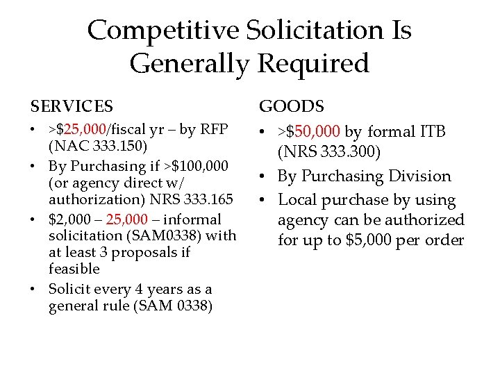 Competitive Solicitation Is Generally Required SERVICES GOODS • >$25, 000/fiscal yr – by RFP