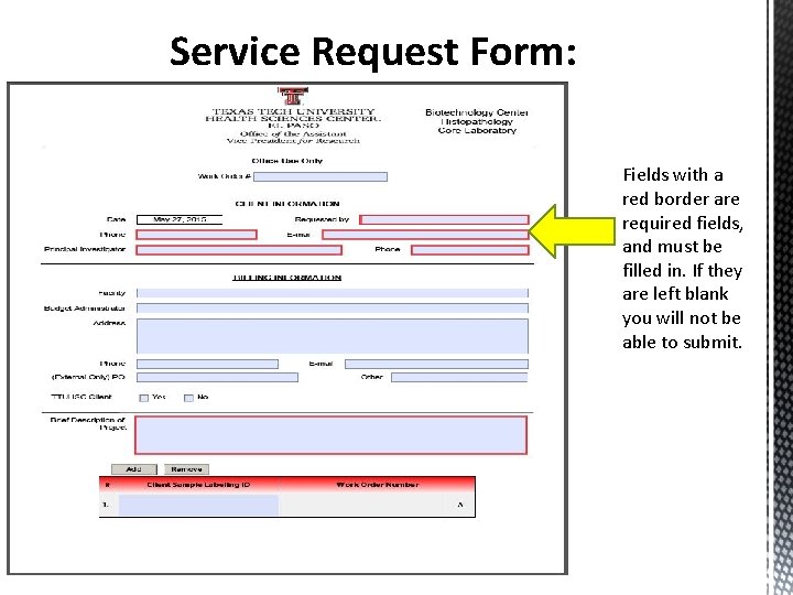 Service Request Form: Fields with a red border are required fields, and must be